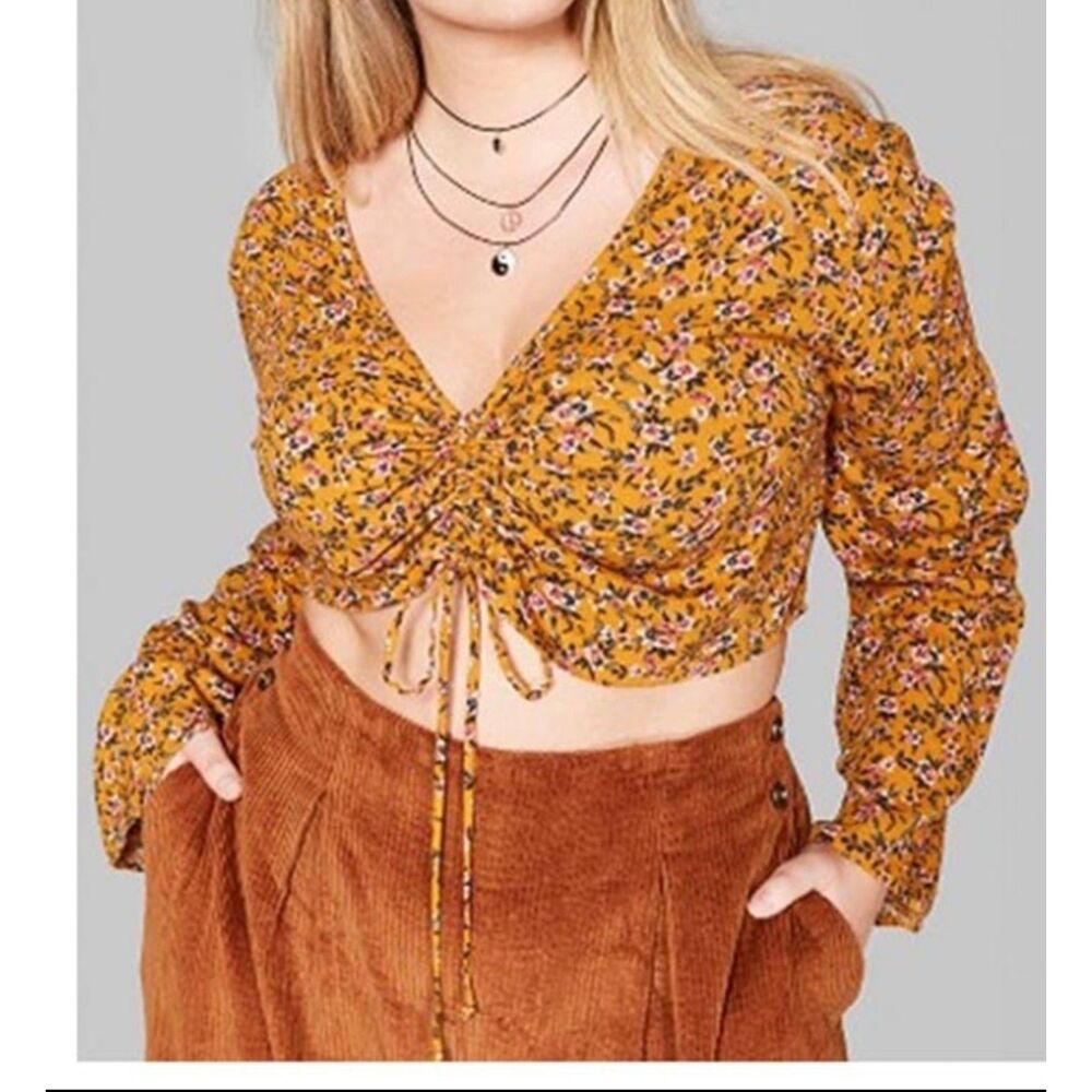 Golden Yellow Floral Ruched Crop Top Long Sleeve Cottagecore Romantic Boho Large